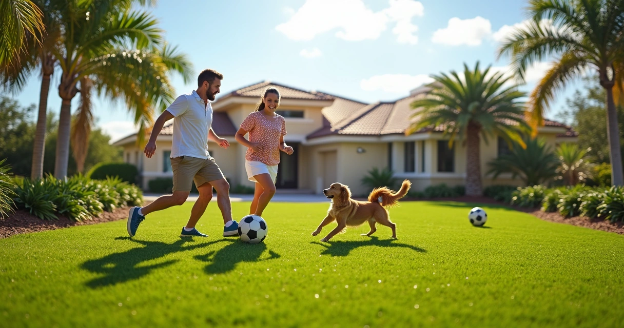 Florida family enjoying animal proof turf lawn in sunny yard