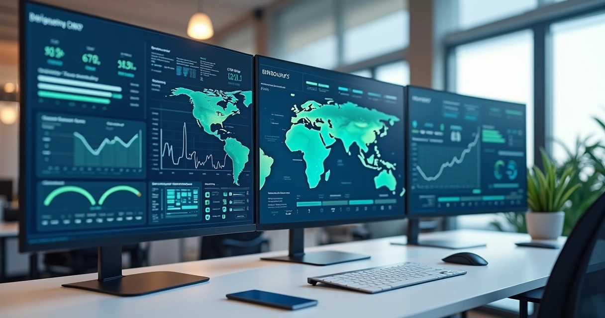 Interface digital exibindo painel central de gerenciamento de múltiplos CNPJs e marketplaces em ambiente corporativo moderno 