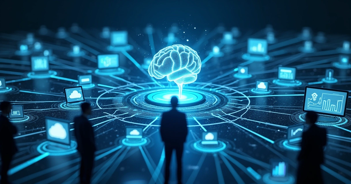 Central digital com conexões entre IA, banco de dados e pessoas 