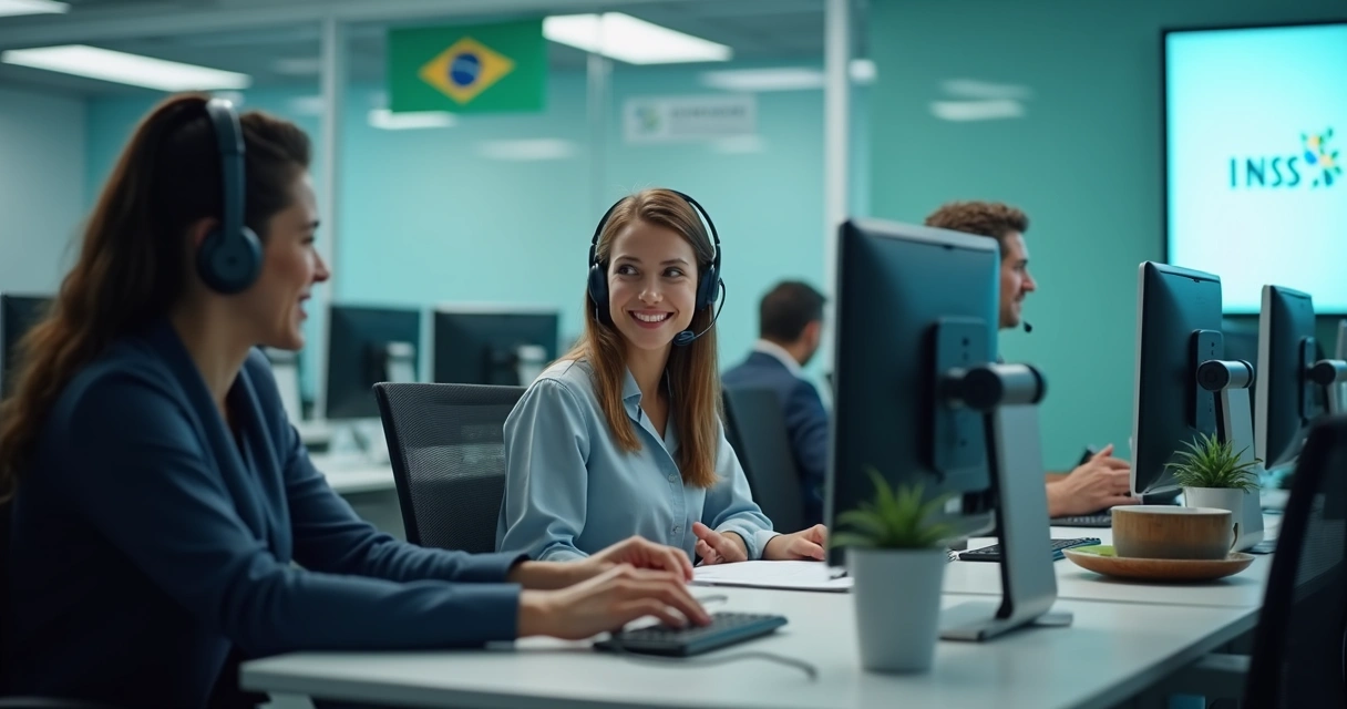 Atendente mulher usando headset em uma central de atendimento 