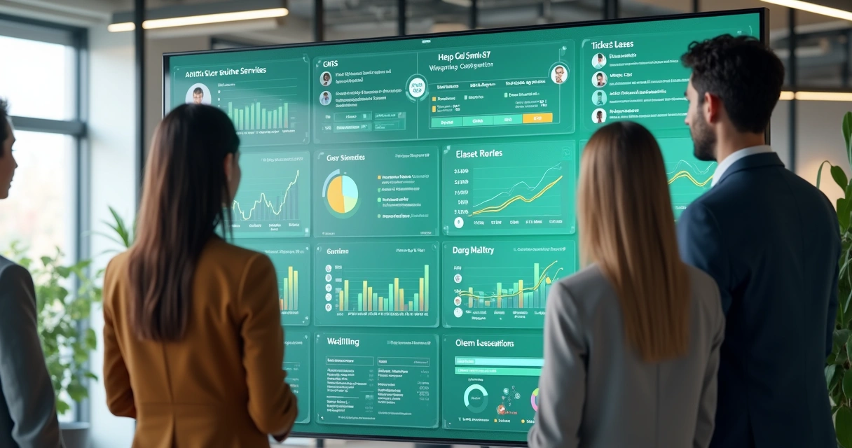 Gestores analisando painel digital de atendimento WhatsApp na tela 