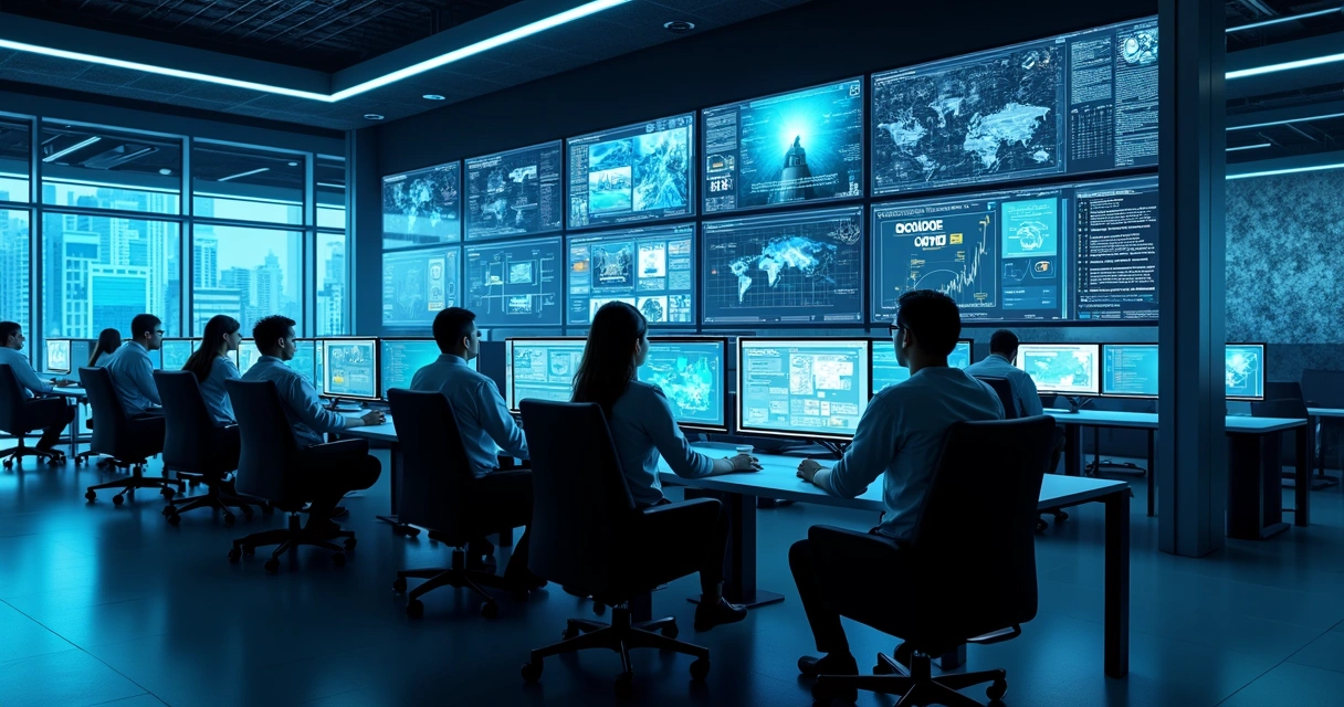 Sala moderna de monitoramento de segurança com múltiplos monitores exibindo câmeras e gráficos em tempo real 