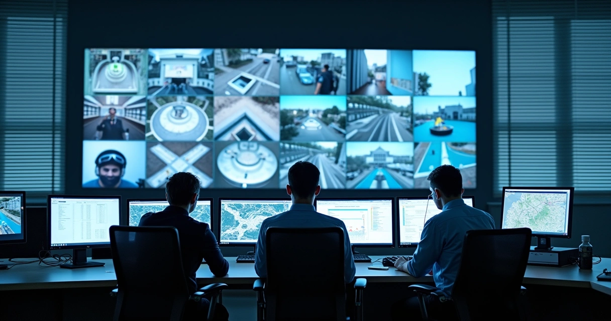 Sala de central de monitoramento com operadores atentos a telas de sistemas de alarme 