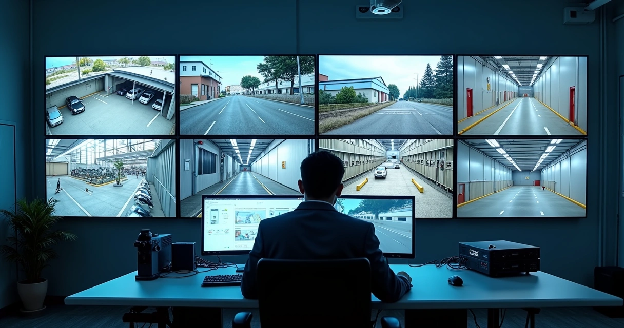 Central de monitoramento com várias telas e câmeras externas 