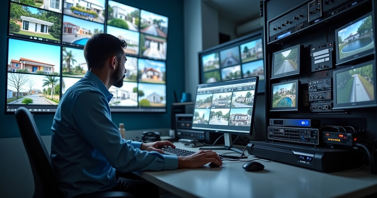 Sala de monitoramento com telas de câmeras e gravador instalado 