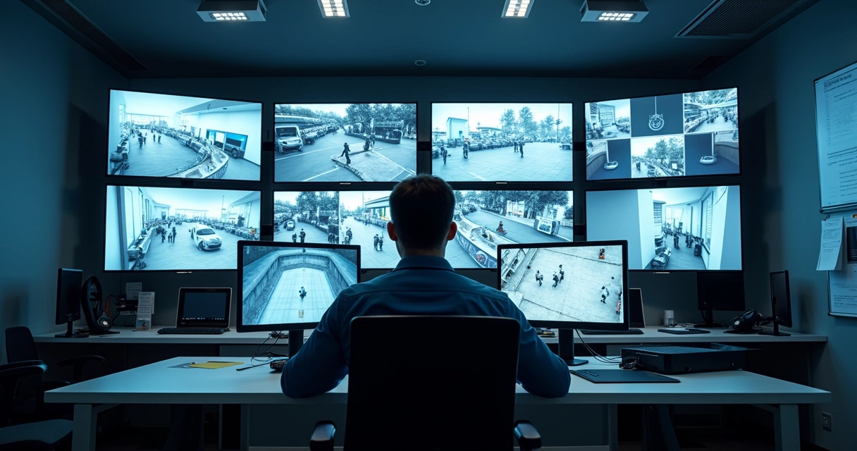 Sala de monitoramento com várias telas de segurança 