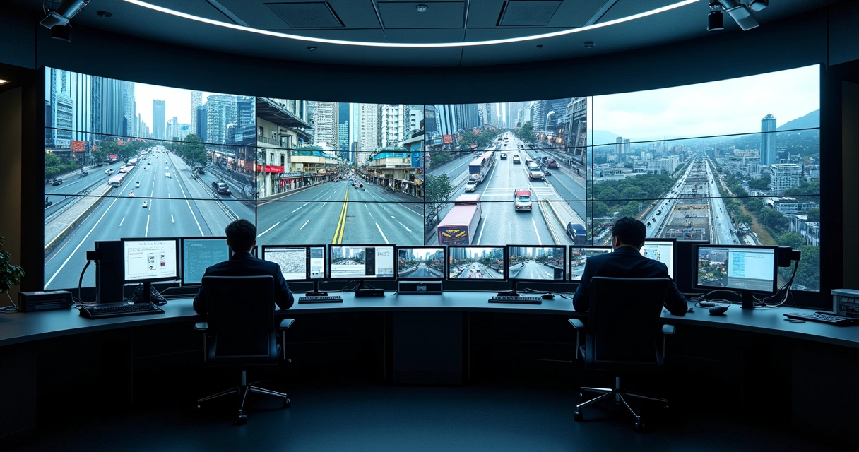 Sala de monitoramento profissional com diversas telas exibindo câmeras speed dome Hikvision 