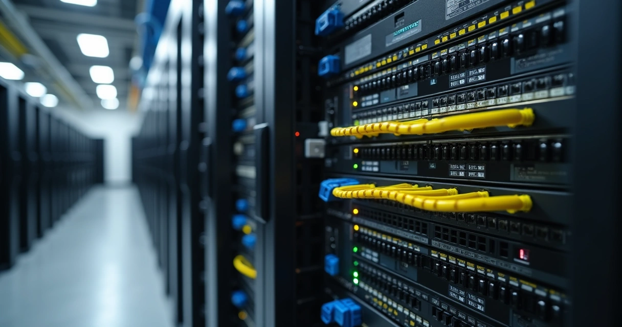 Rack com OLT e cabos de fibra em central óptica