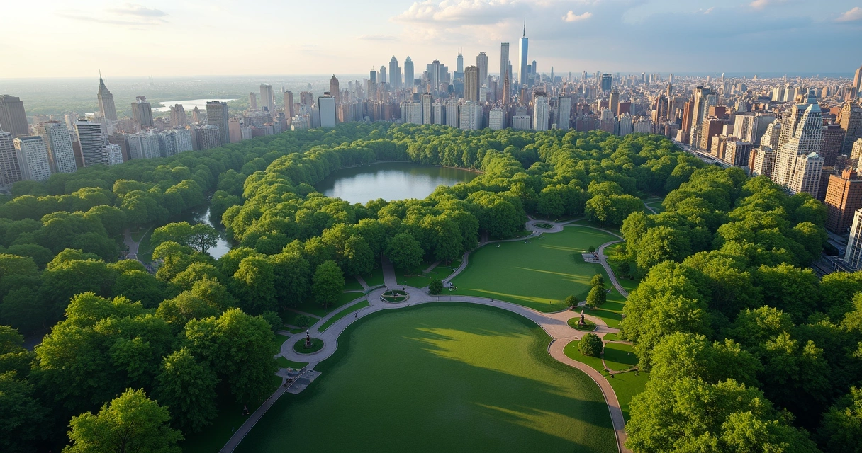 Vista aérea do Central Park em Nova York mostrando suas áreas verdes integradas à cidade 