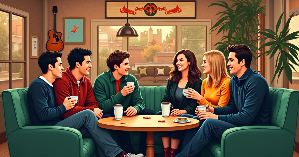 Ilustração do café Central Perk com os seis personagens principais de Friends em um cenário acolhedor.