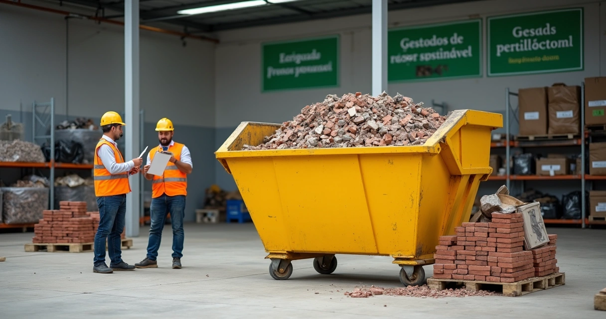Estação de triagem de reciclagem com caçamba de entulho e resíduos separados 
