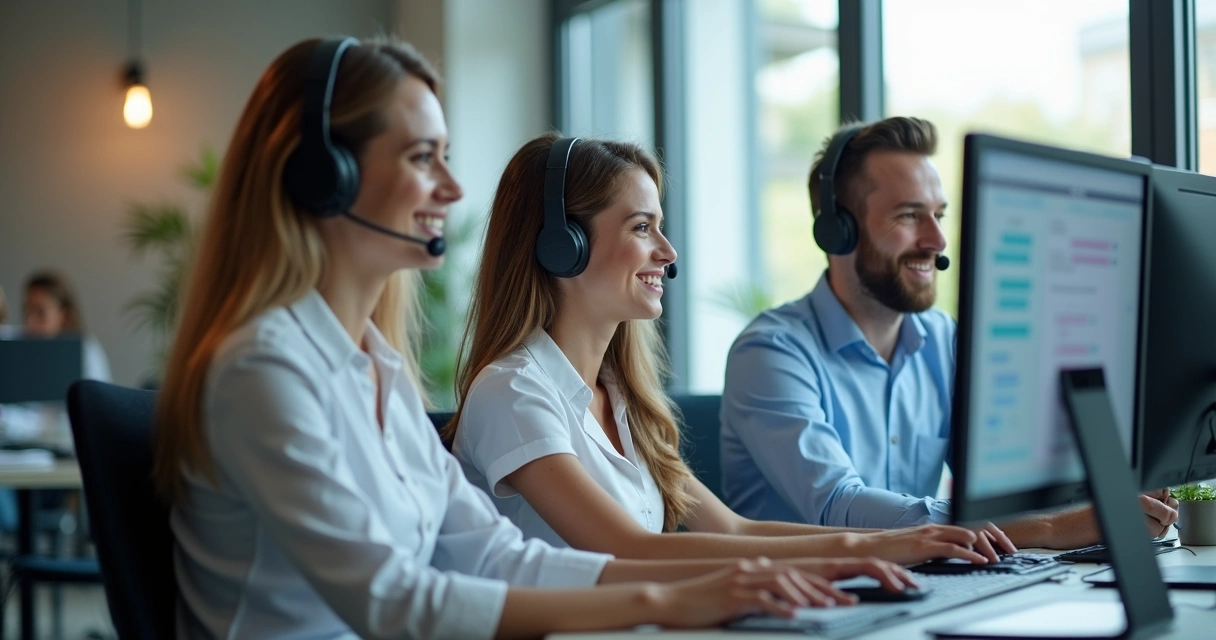Equipe em central de relacionamento odontológico usando computadores 