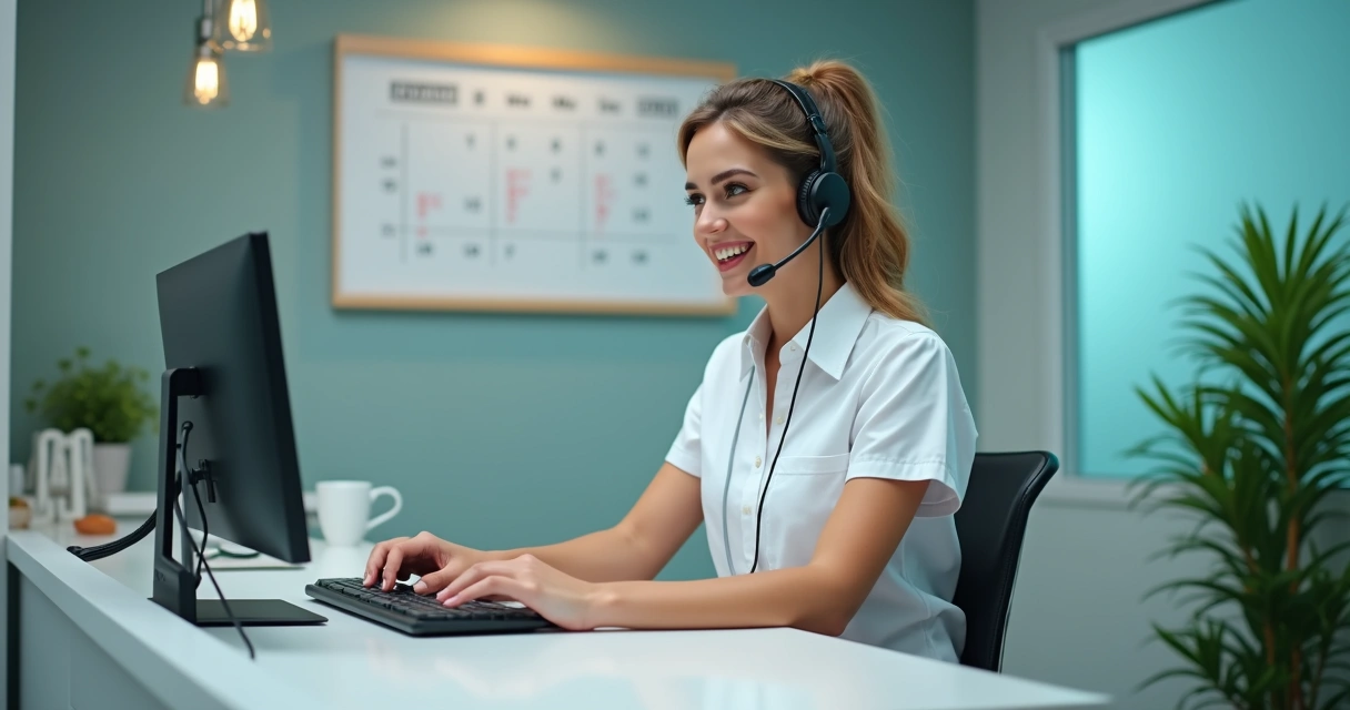 Secretária de CRC atendendo WhatsApp com sorriso