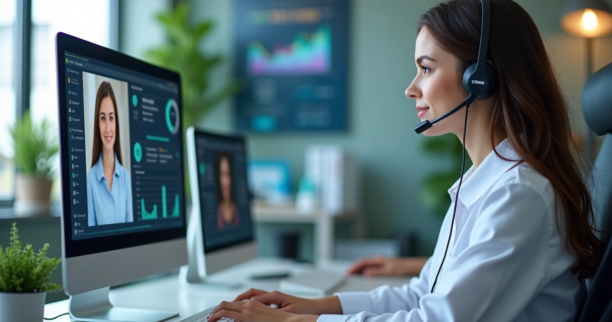 Operadora em central de atendimento telefônico odontológico com gráficos em monitor 