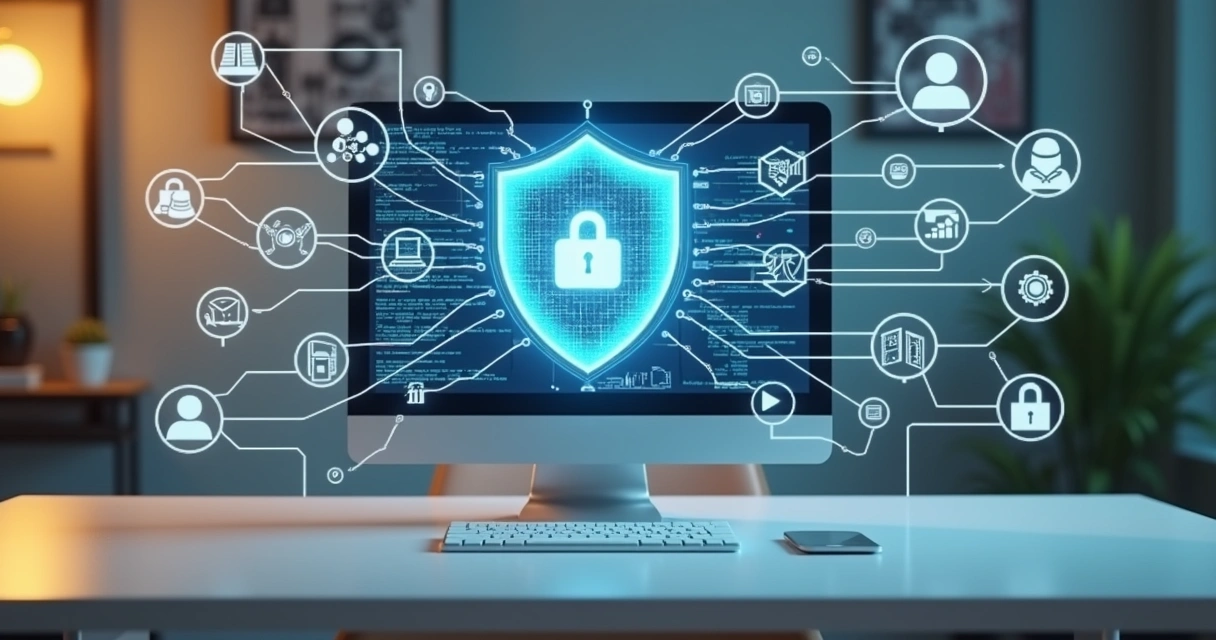 Computador cercado de escudos de segurança digital com fluxo de dados entre marketplaces e ERPs 