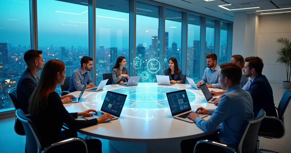 Equipe de TI em volta de uma mesa em forma de hub com telas conectadas 