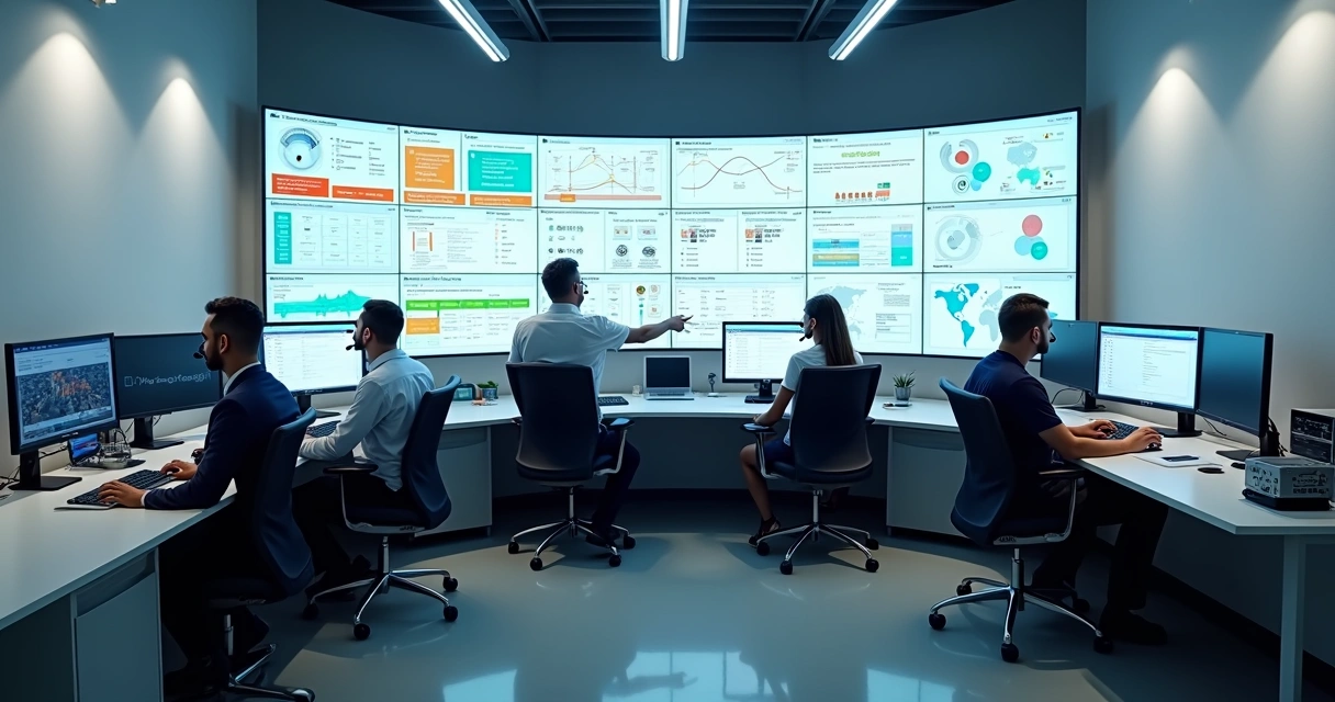 Central de suporte técnico com painel mostrando status de chamados e equipamentos de segurança 