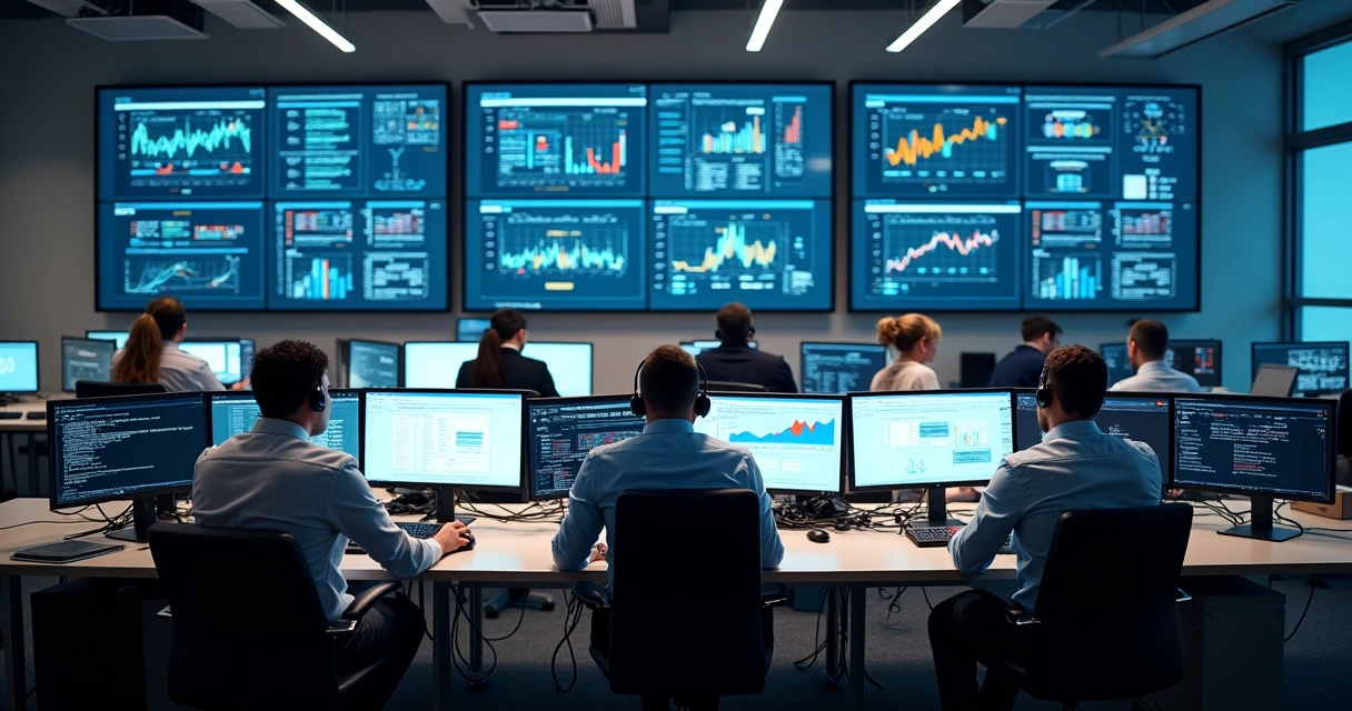 Profissionais de TI em uma central de monitoramento e suporte 