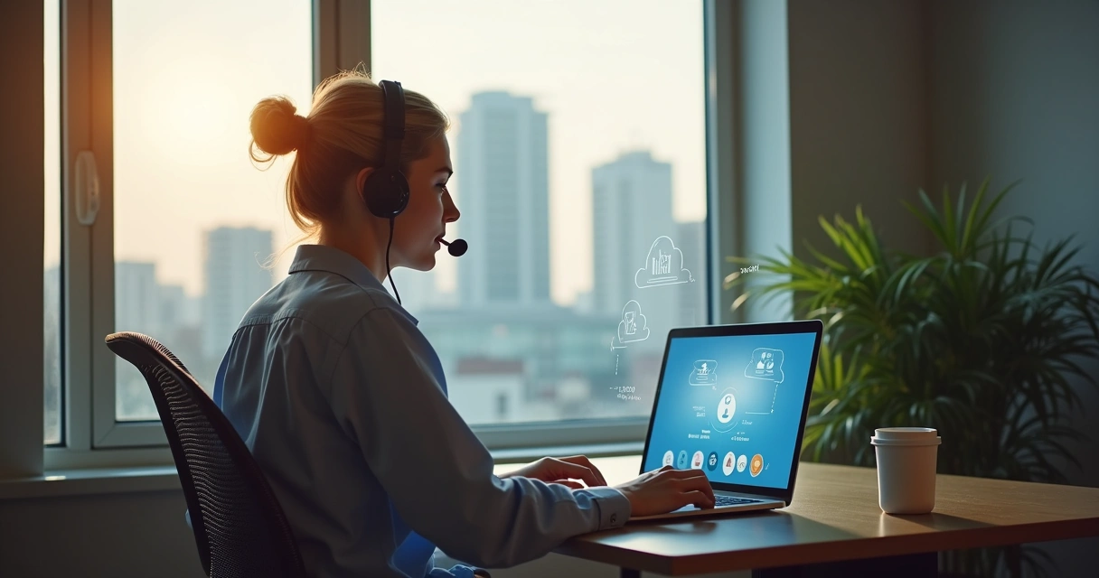 Pessoa trabalhando de casa com headset atendendo chamadas corporativas 