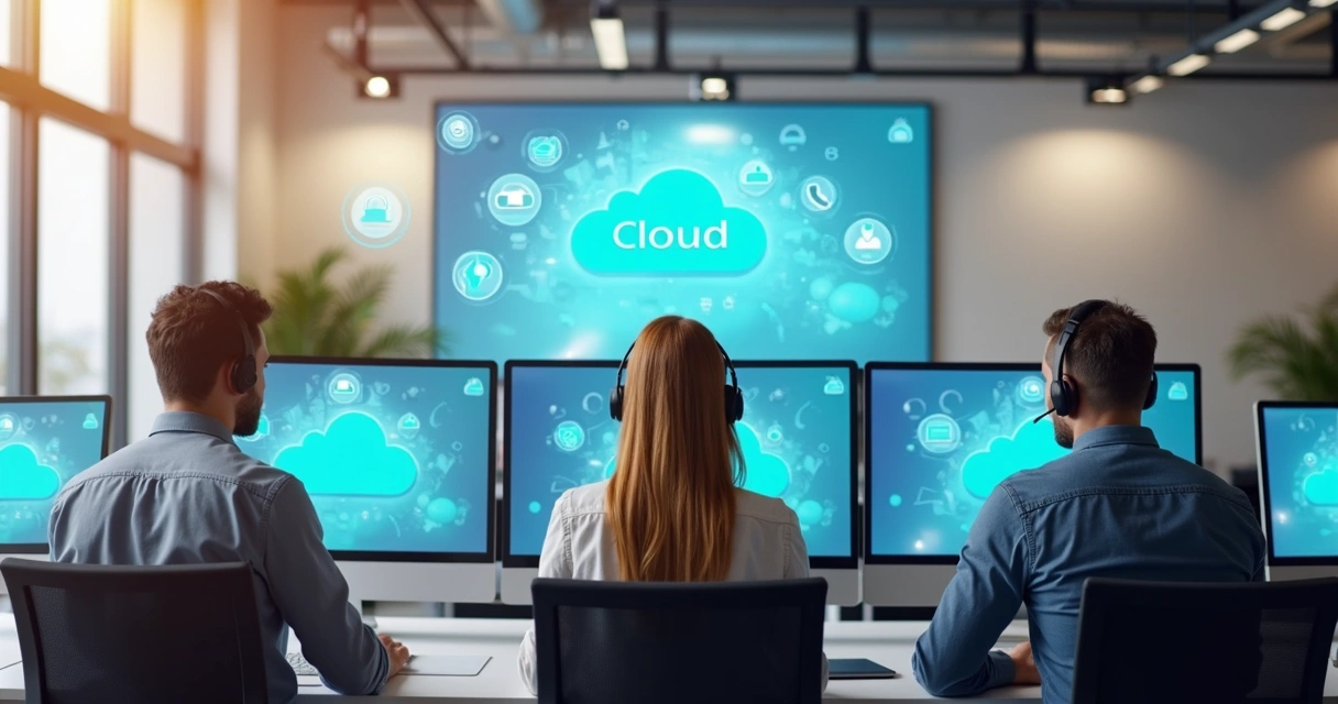 Equipe de atendimento usando painel online de comunicação unificada 