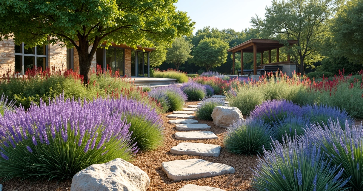 Lush Texas yard with drought-tolerant plants, rocks, and native grasses. 