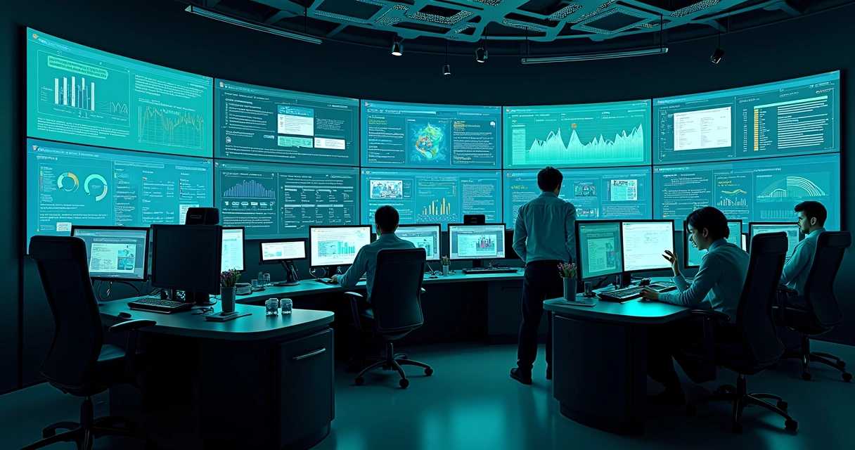 Central de atendimento moderna com telas, gráficos em tempo real e IA interagindo 