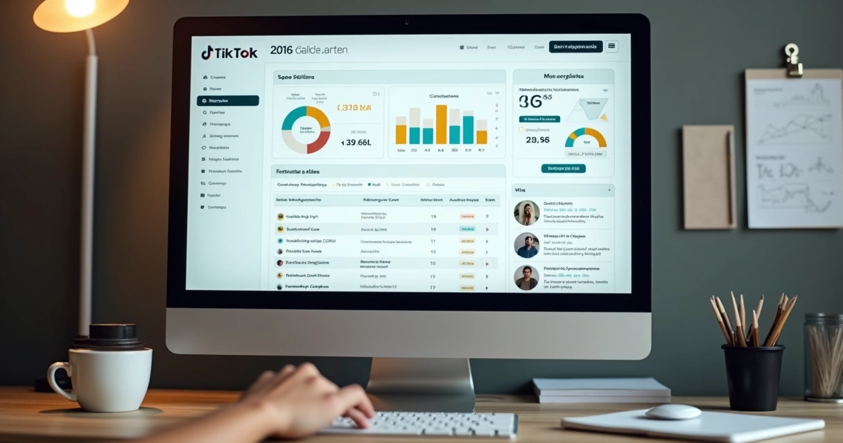 Central do vendedor no TikTok Shop com gráficos de vendas, pedidos e ícones de produtos. 