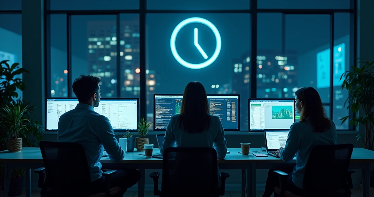 Equipe monitorando atendimentos WhatsApp em telas durante a noite