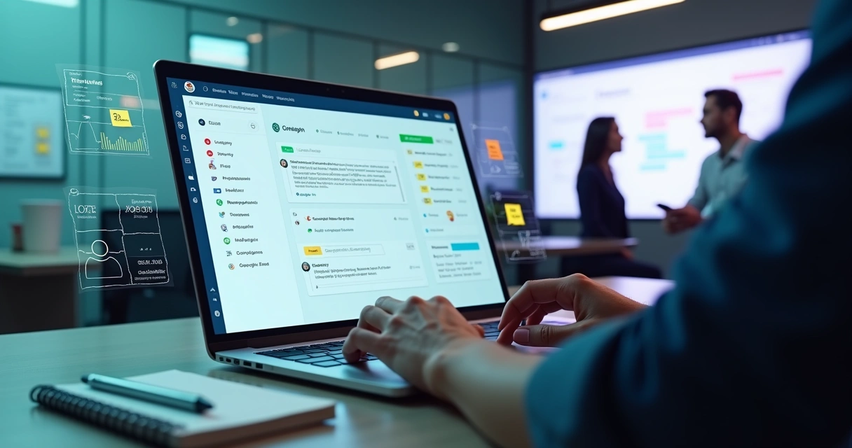 Dashboard com anotações centralizadas de equipe de marketing digital em lançamento 