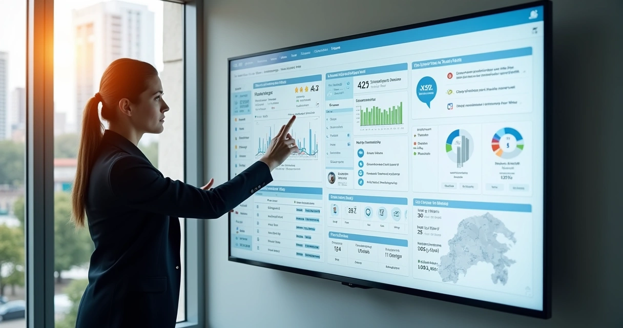 Painel digital mostrando centralização de anúncios imobiliários em múltiplos portais 
