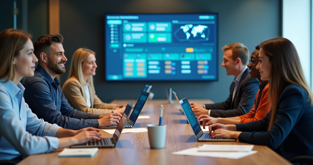 Equipe em uma mesa com notebooks analisando centralização de atendimento em tela grande 
