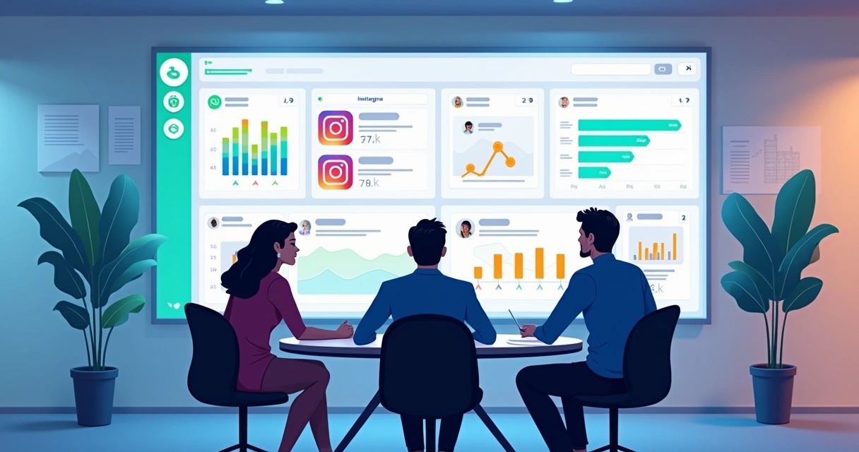 Equipe em mesa analisando painel de atendimento unificado com WhatsApp, Instagram e Telegram 