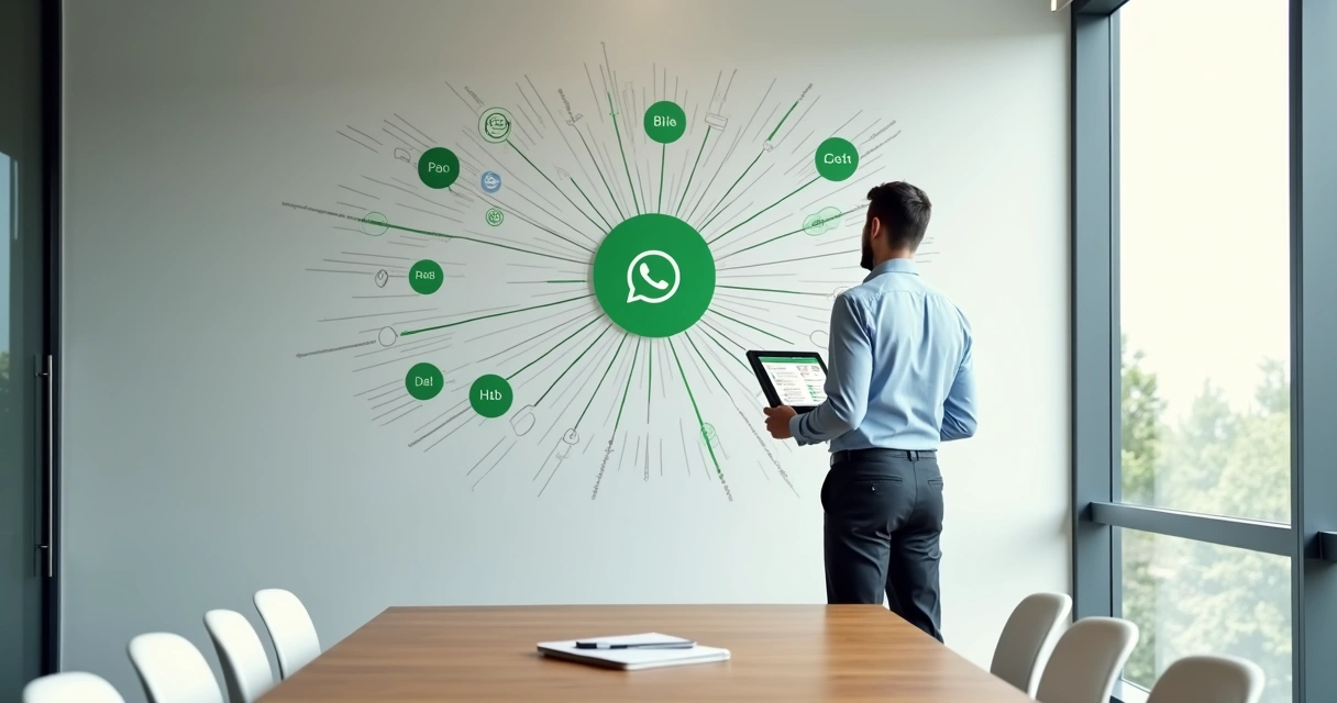 Gestor observa mural físico com conexões representando centralização de canais de atendimento no WhatsApp 