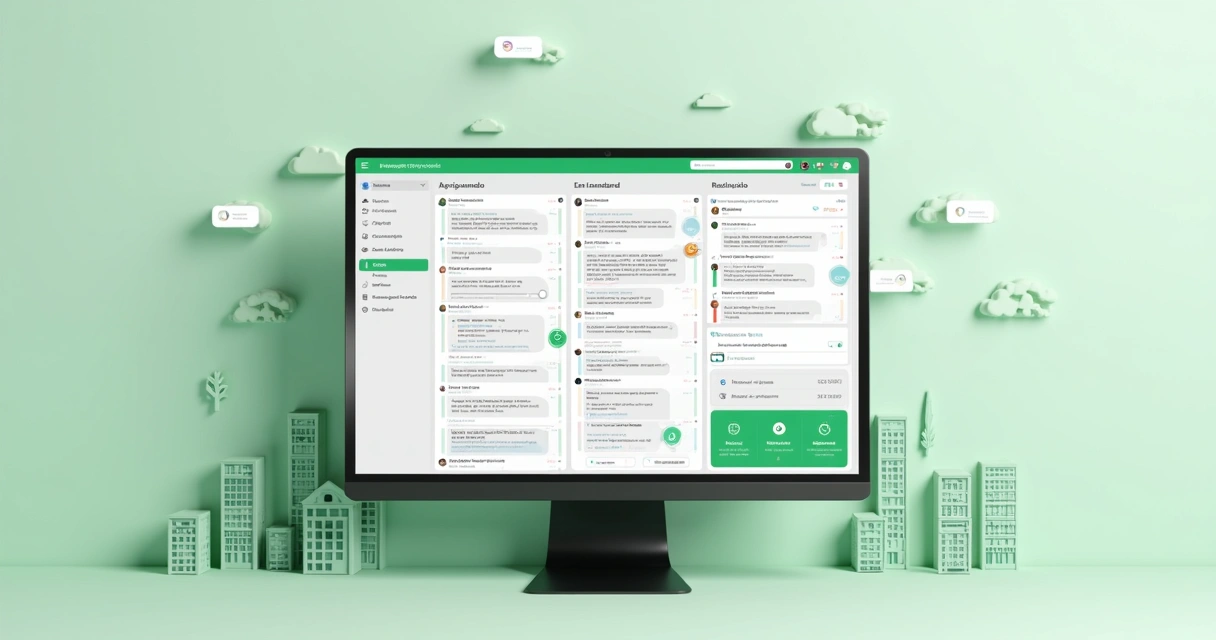Painel de gestão centralizada com várias conversas de WhatsApp organizadas em categorias 