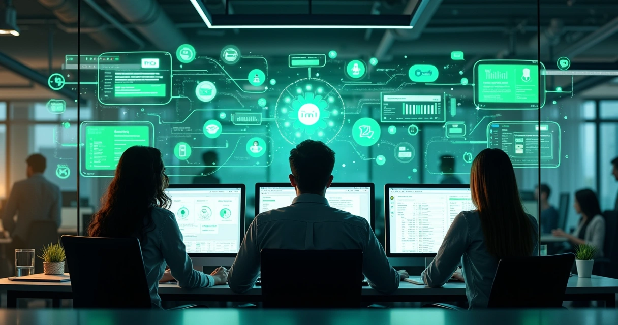 Equipe de atendimento em central de controle, telas mostrando diferentes sistemas interligados 