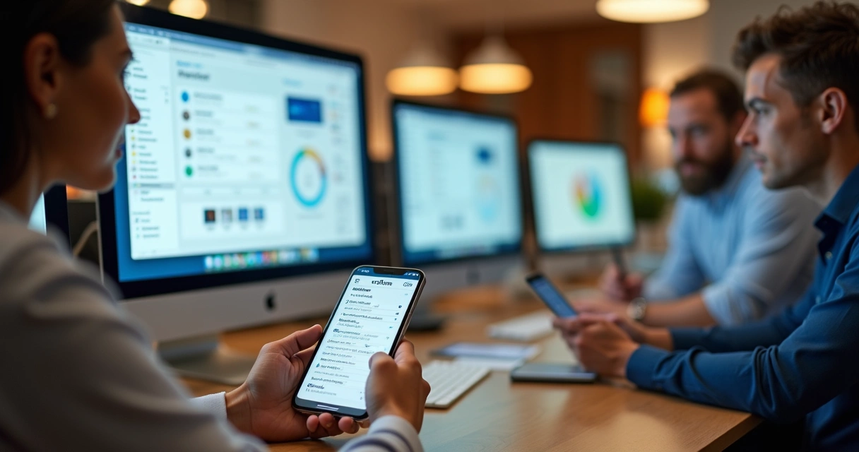 Centralização do atendimento de condomínio com telas de computadores e smartphones mostrando histórico de mensagens e painéis de controle