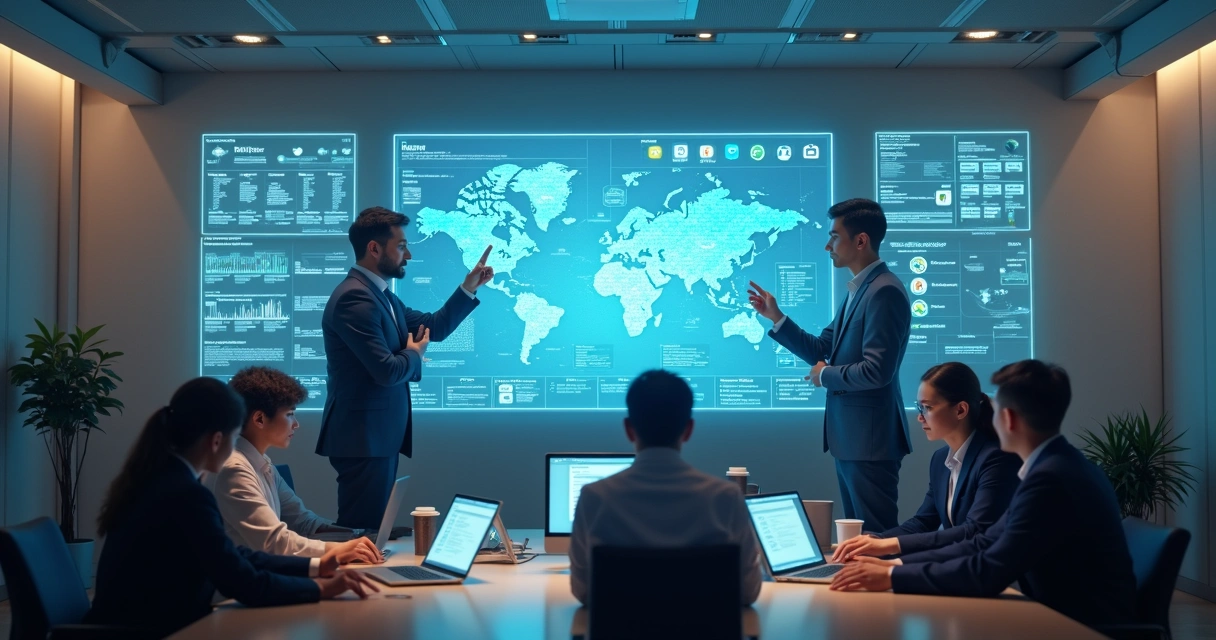 Equipe analisando múltiplas telas de sistemas integrados em uma central de atendimento 