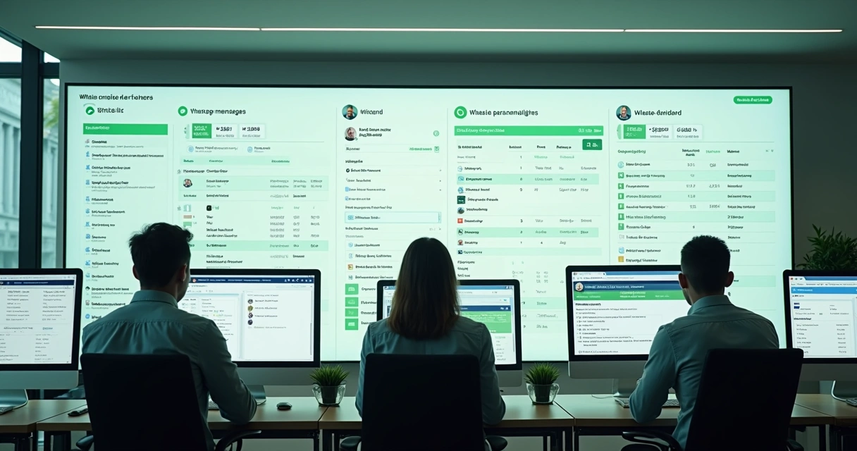 Interface visualizando a centralização do atendimento WhatsApp em um painel, com múltiplos atendentes e históricos organizados 