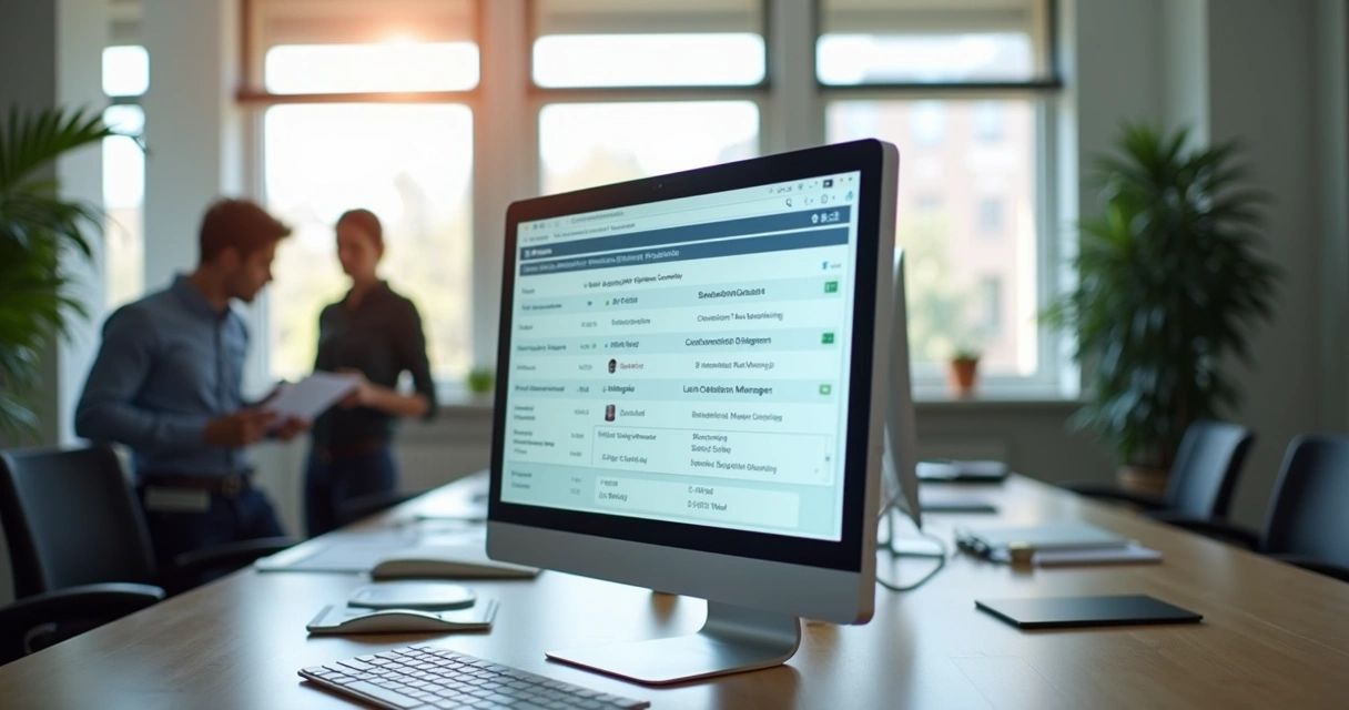 Tela de computador exibindo software de atendimento com filas de mensagens, ao fundo ambiente de escritório moderno 