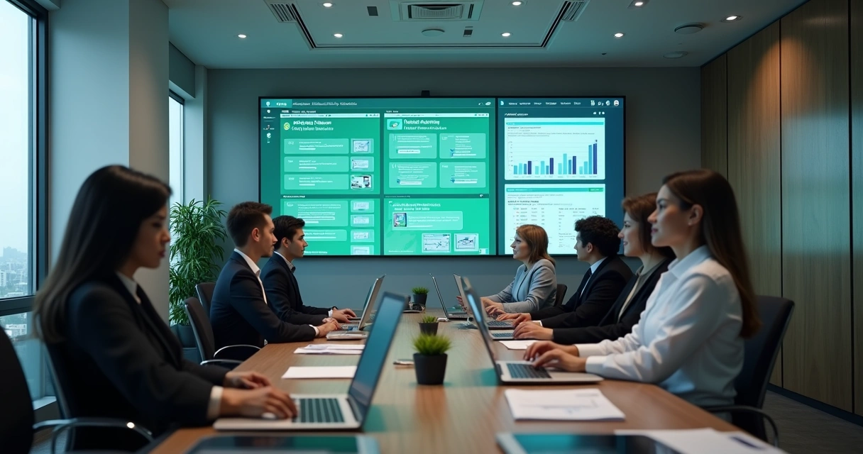 Equipe em escritório conectada a uma tela grande exibindo centralização de dados 