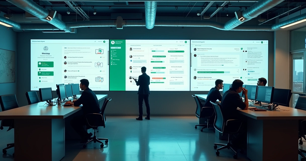 Centralização de atendimento digital em condomínios brasileiros, com telas integradas e ambiente organizado 