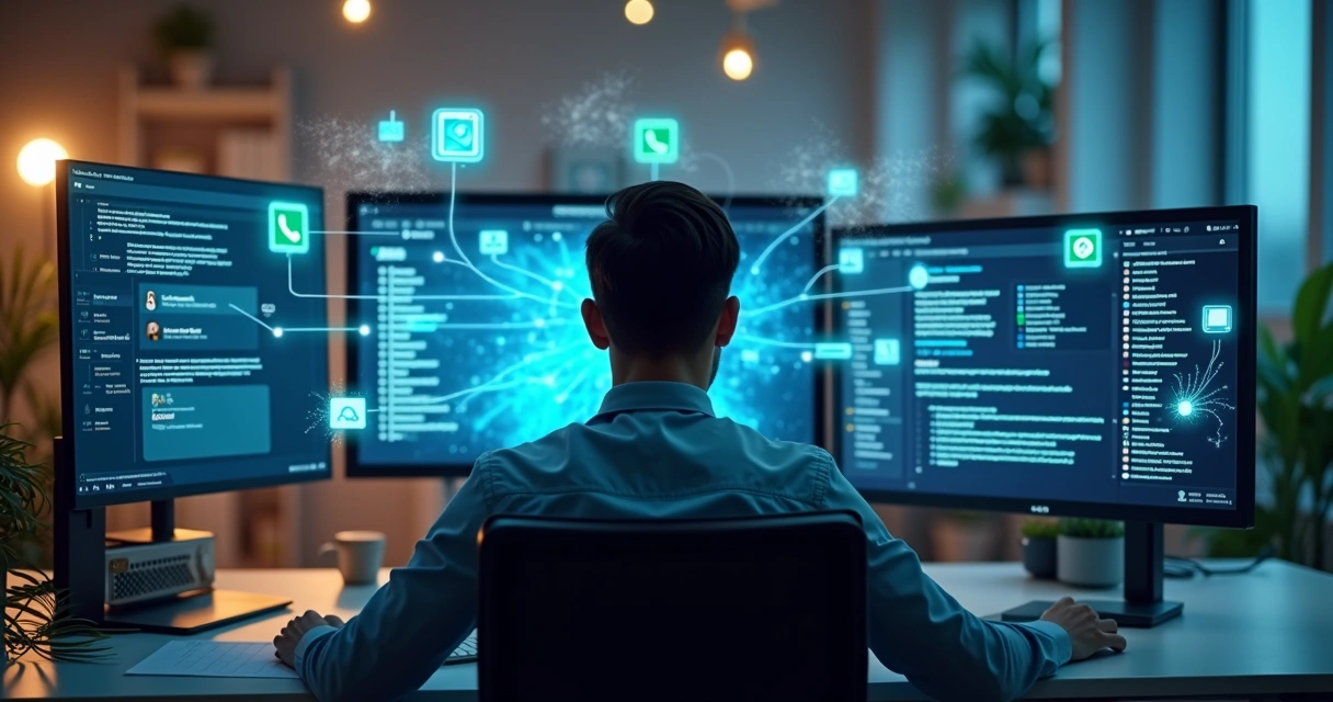 Atendente controlando canais de mensagem por computador no escritório 
