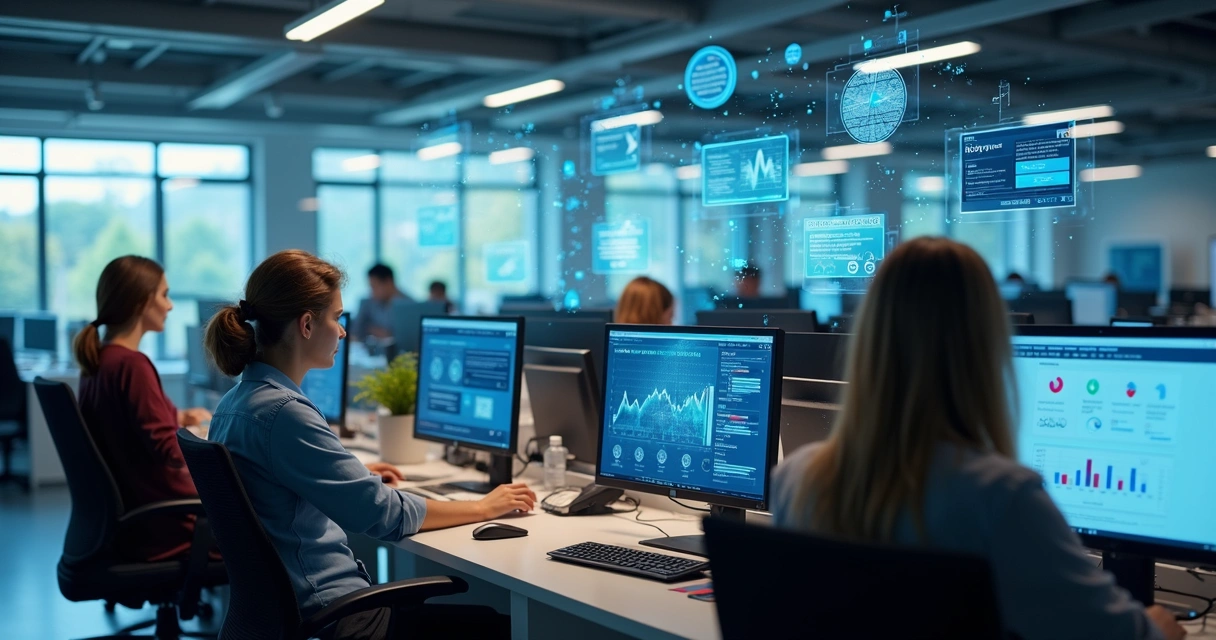 Equipe de atendimento em escritório moderno, compartilhando telas e trocando informações