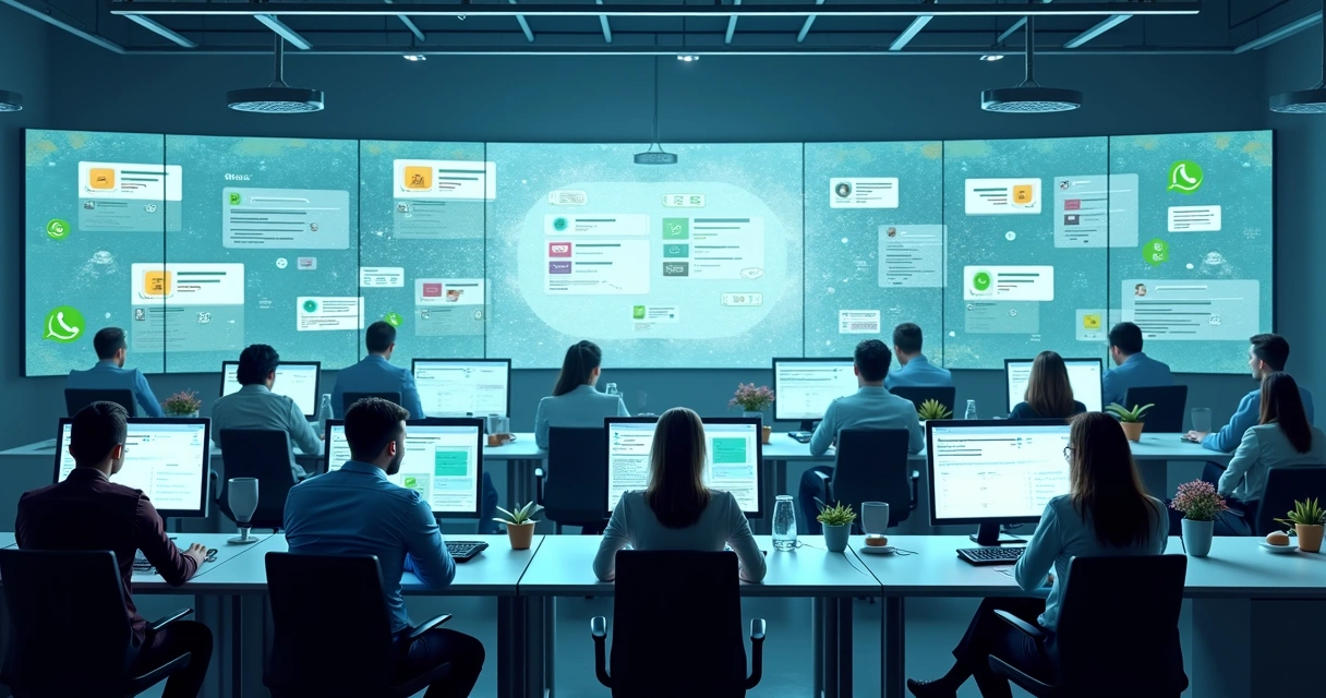 Central de atendimento com painéis de mensagens integrados e funcionários conectados 
