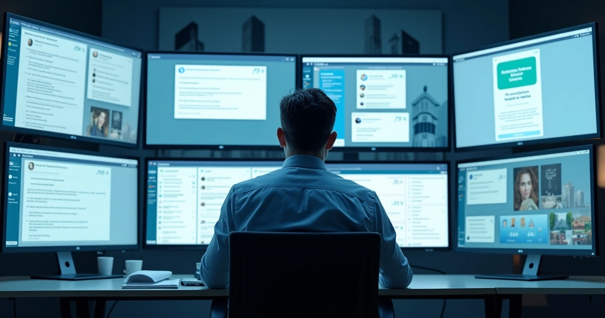 Operador em sala de controle observando telas com múltiplos canais centralizados 