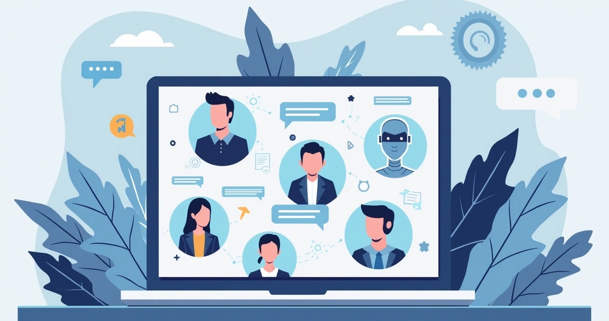 Ilustração corporativa flat mostrando centralização do atendimento digital com múltiplos atendentes usando um único dispositivo e chatbots inteligentes 
