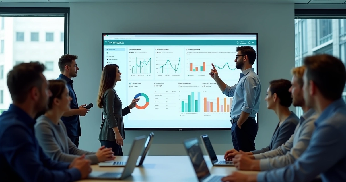 Equipe analisando mensagens em vários dispositivos com gráficos de satisfação