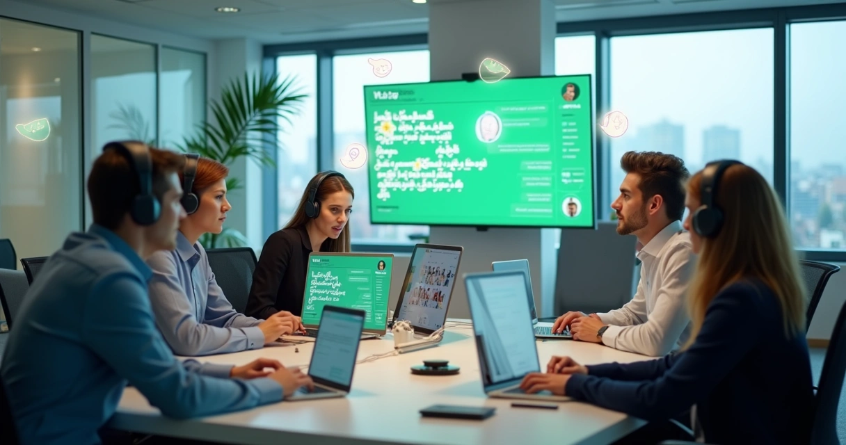 Equipe utilizando computadores para atendimento WhatsApp unificado 