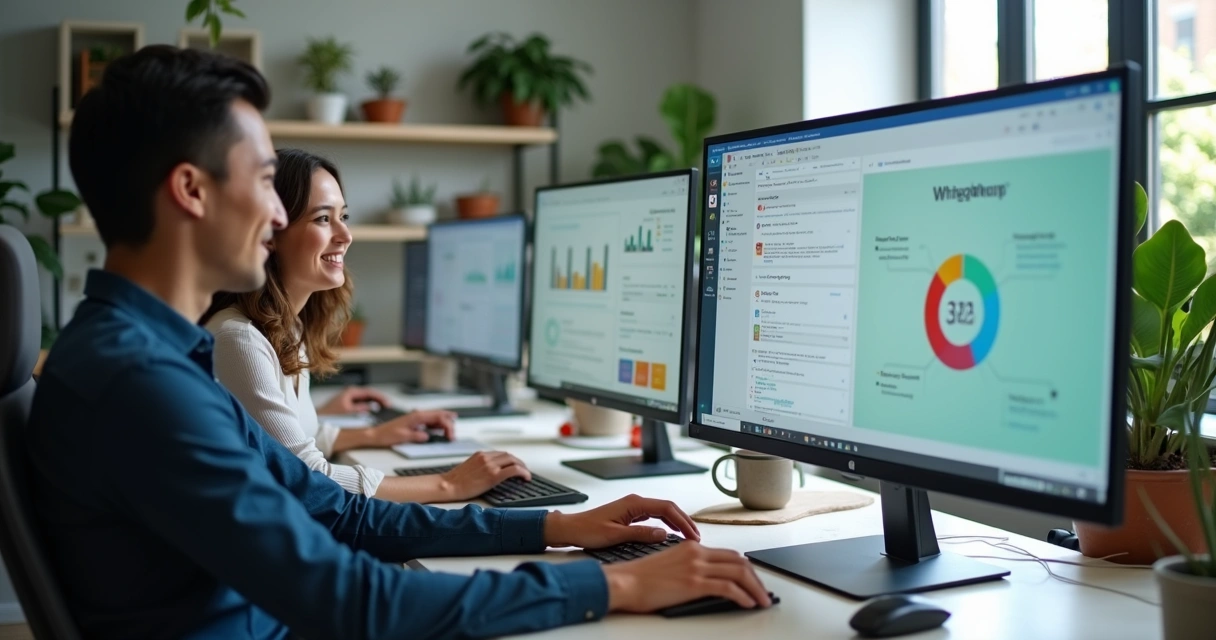 Equipe de atendimento em uma sala, utilizando computadores com painel de conversas unificado 