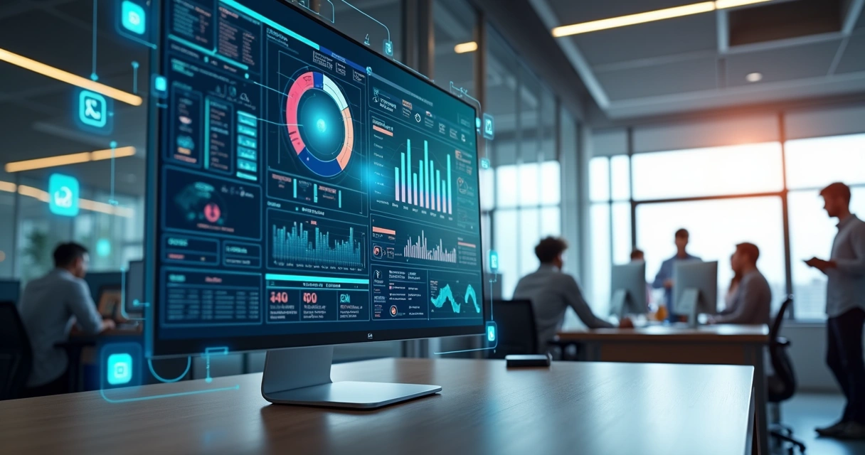Painel digital moderno mostrando dashboards com gráficos de desempenho e integrações de sistemas em ambiente de escritório corporativo 